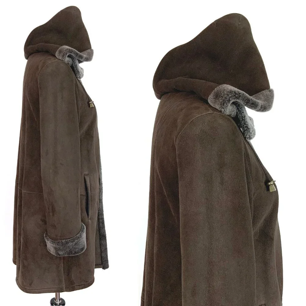 Marco Gianotti Macy's Brown Genuine Sherling Hooded Coat Sz 8 - Picture 5 of 16